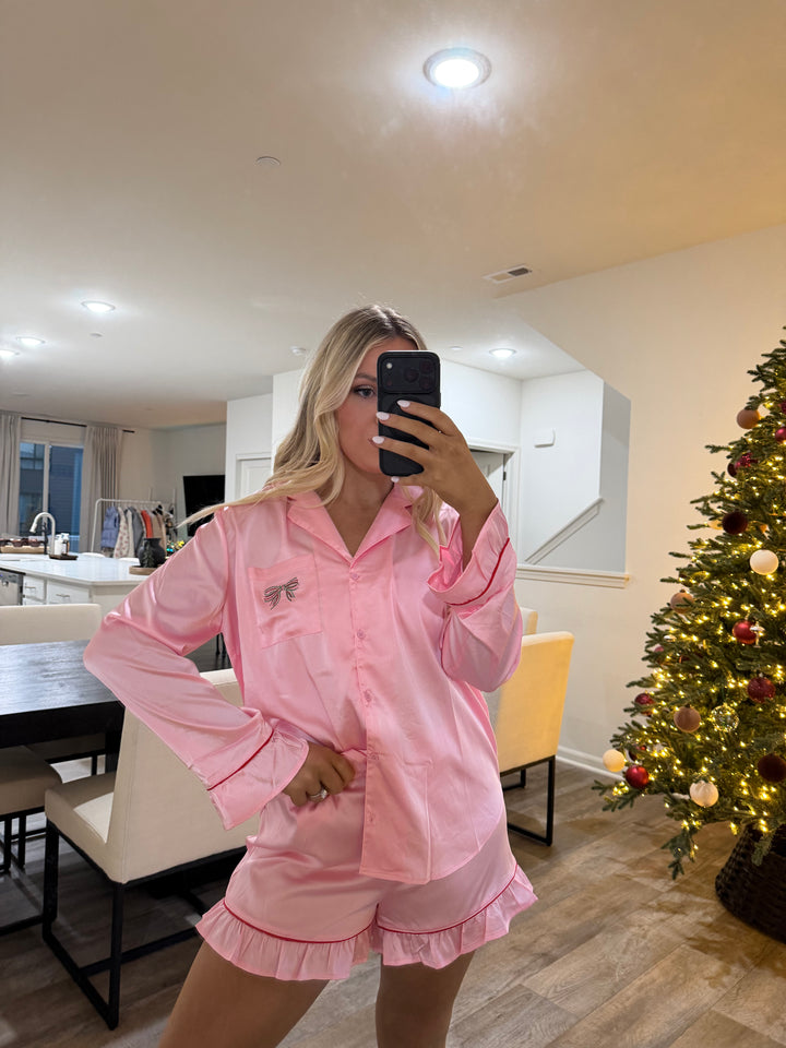 Cindy Pink Holiday Bow Pajamas - Pink