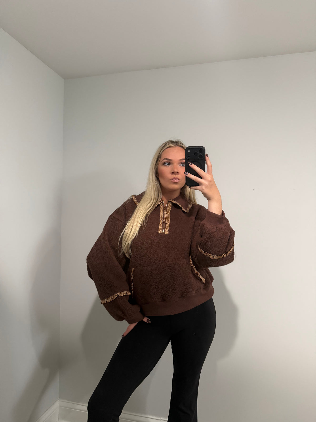 Kinsley Maple Gingham Sherpa Sweater - Brown