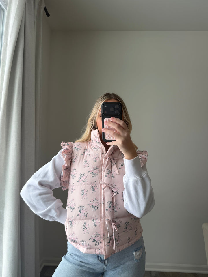 Gracie Bow Ruffle Floral Puffer Vest - Pink