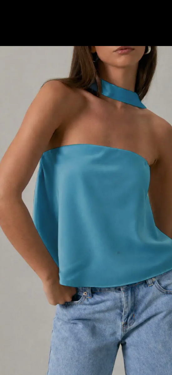 Sav Strapless Scarf Satin Top - Blue