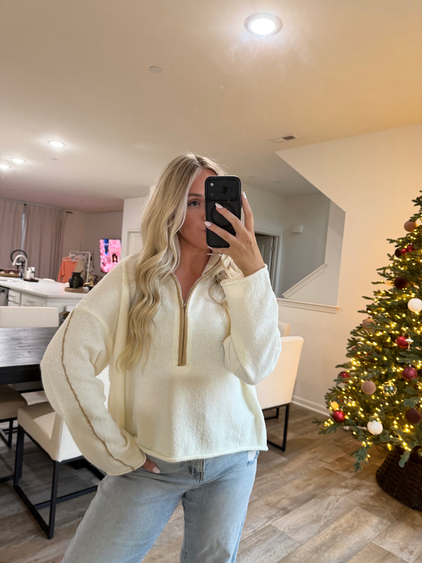 Stella Textured Knit Half Zip Mock Sweater - Cream