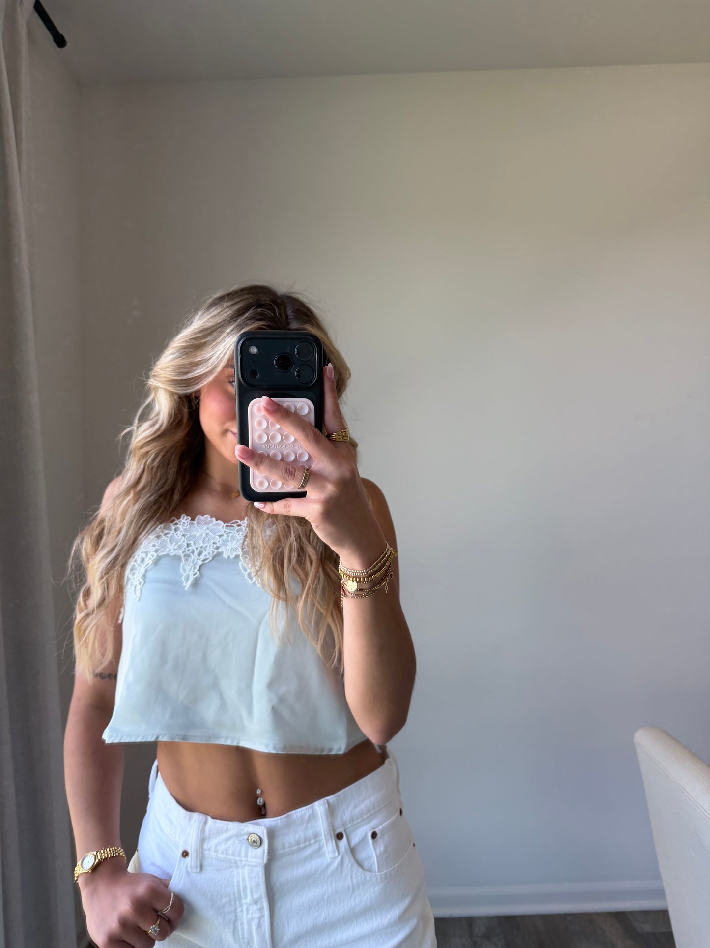 Jules Lace Tank Cropped - Light Sage