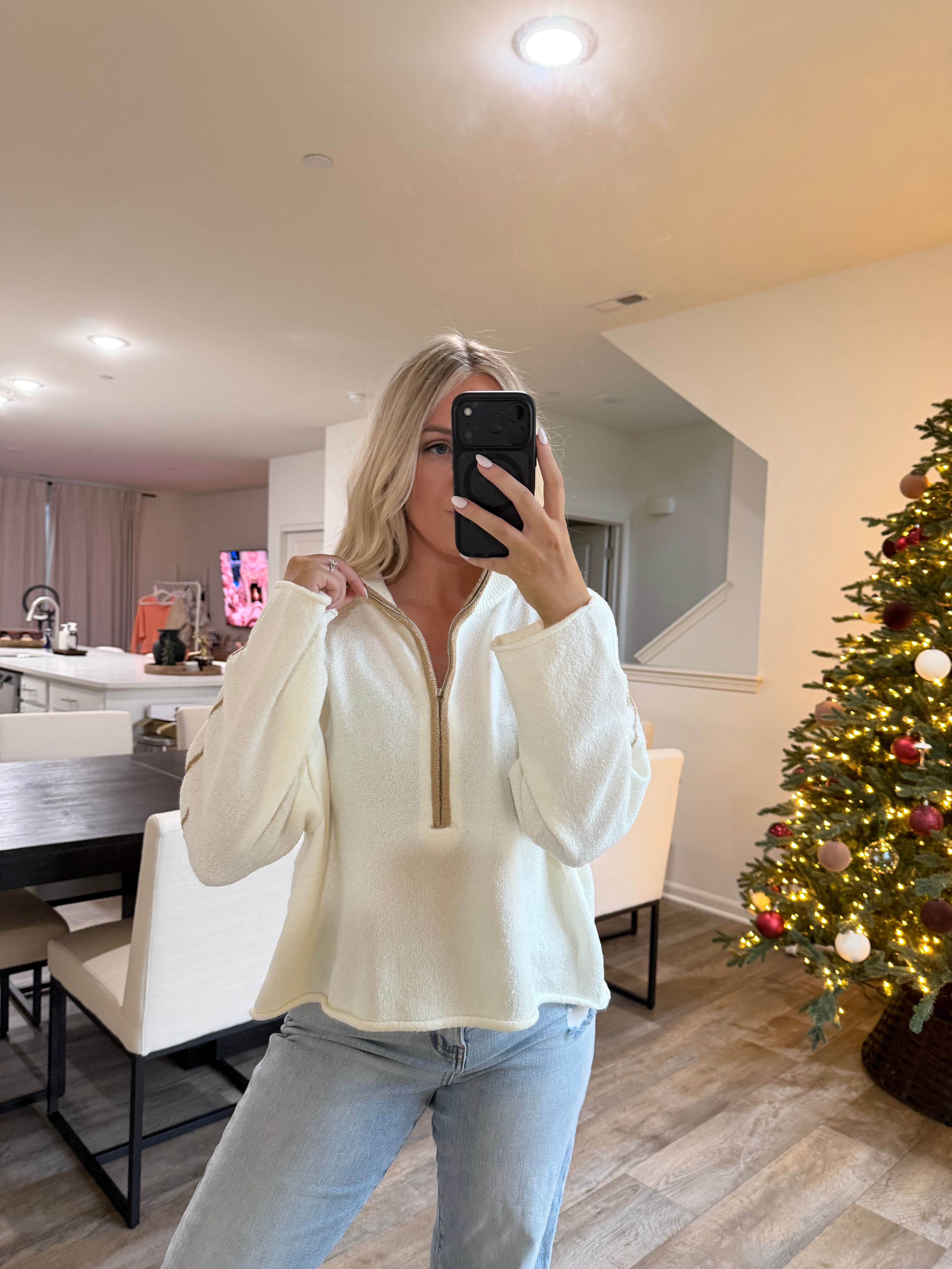 Stella Textured Knit Half Zip Mock Sweater - Cream