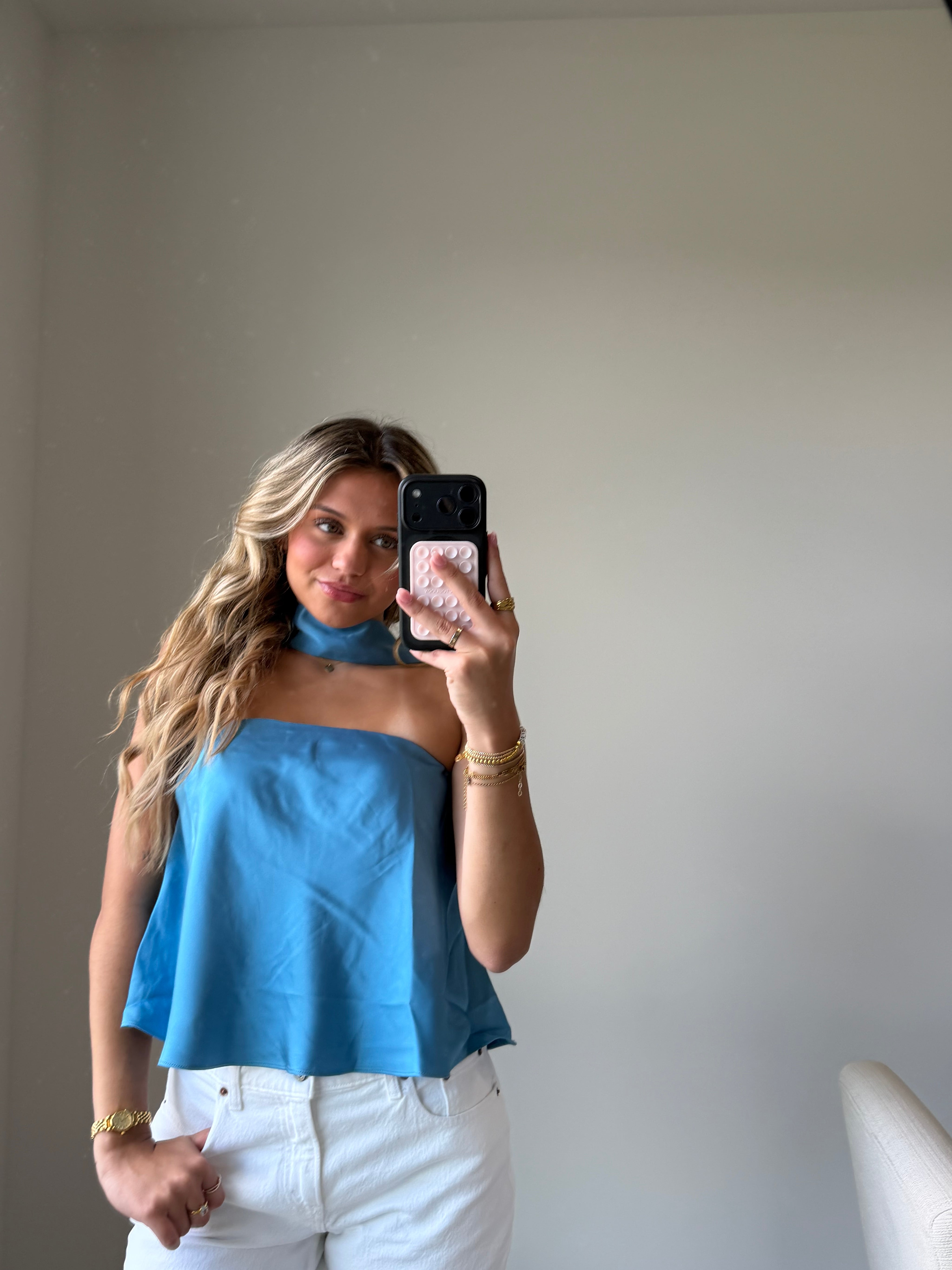 Sav Strapless Scarf Satin Top - Blue