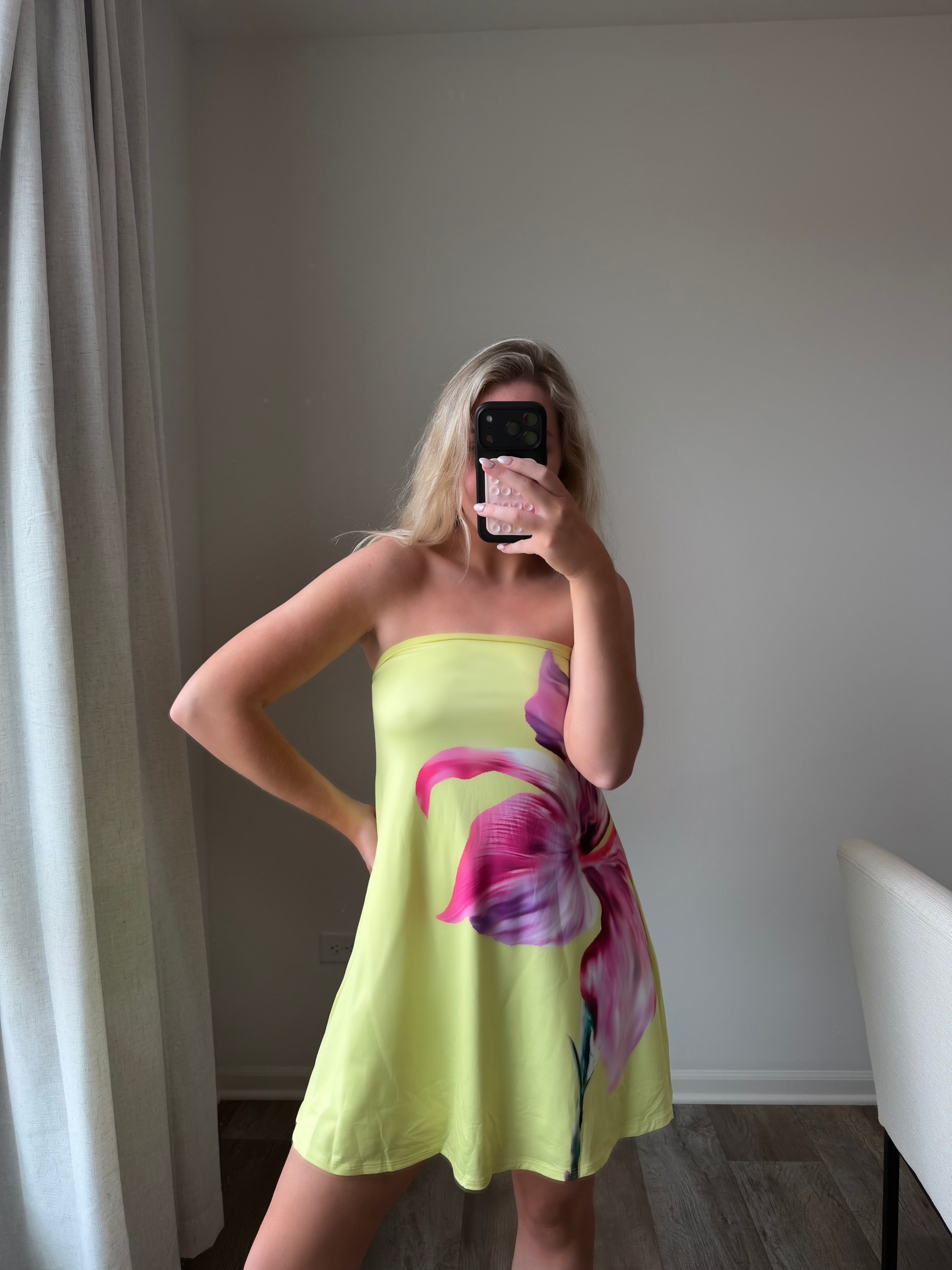 Kelsey Flowy Strapless Flower Dress - Yellow