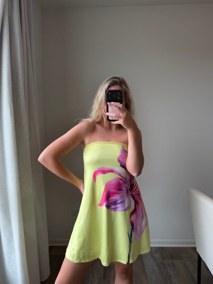 Kelsey Flowy Strapless Flower Dress - Yellow