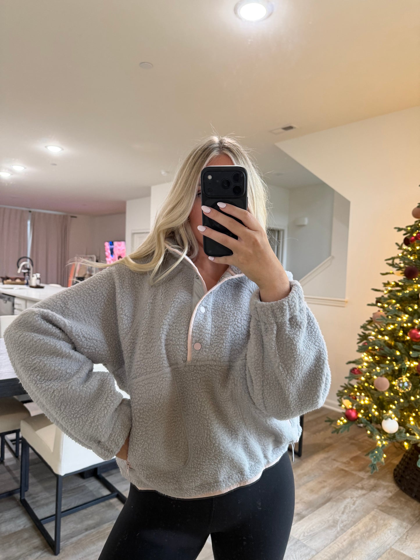 Halle Fleece Button Sweater- Gray/Lt Pink