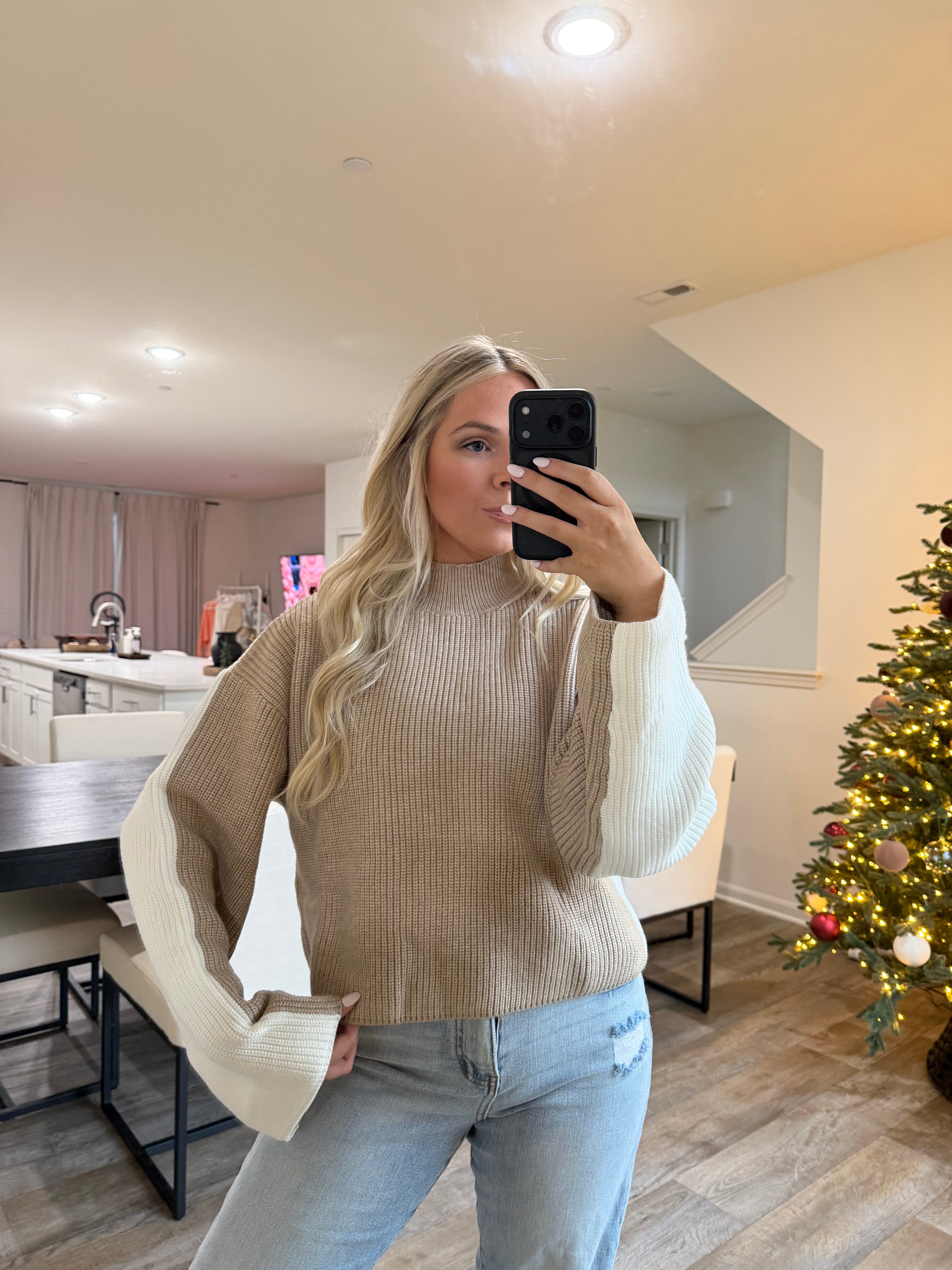 Carmen Mock Neck Two Tone Sweater-Taupe/Ivory