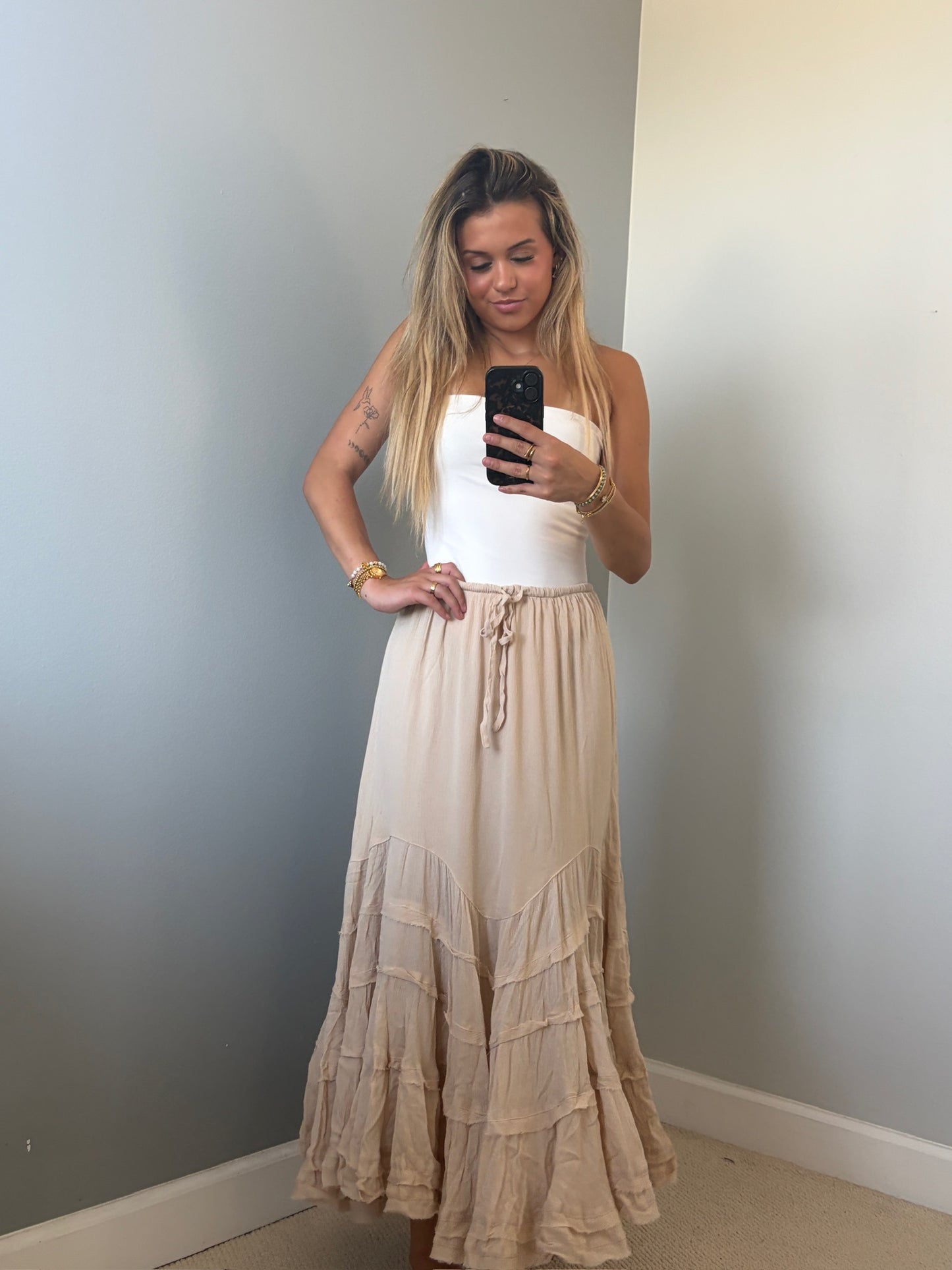 Reed Ruffle Maxi Skirt - Tan Natural