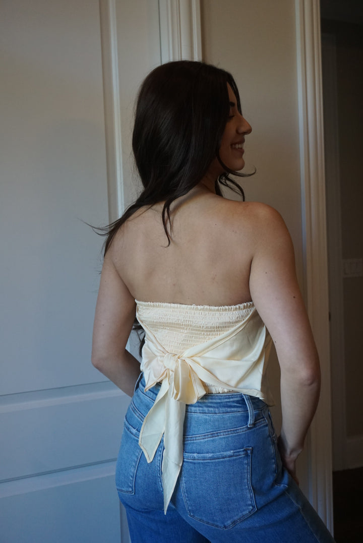 Zoe Butter Lemon Scarf Strapless Satin Top - Yellow