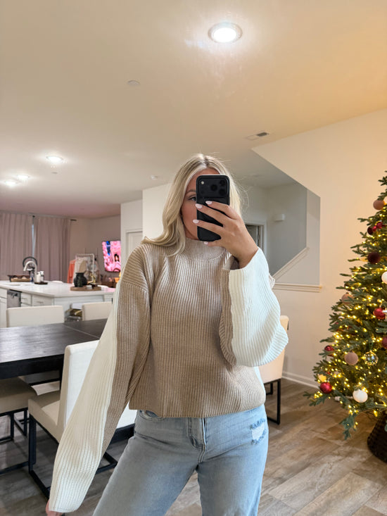 Carmen Mock Neck Two Tone Sweater-Taupe/Ivory