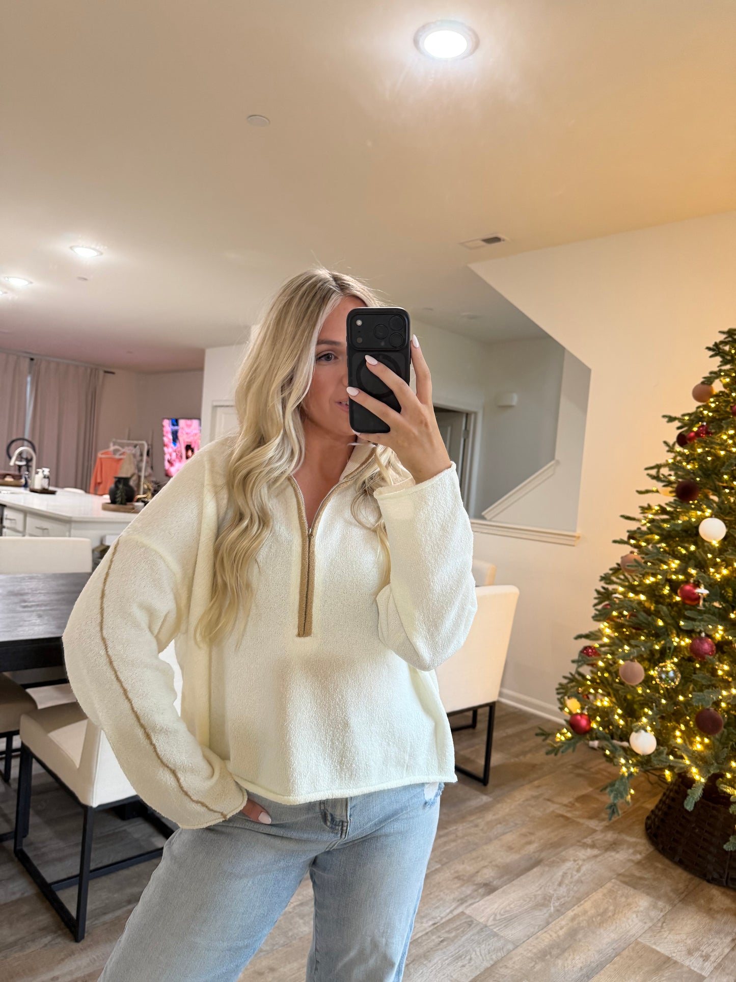 Stella Textured Knit Half Zip Mock Sweater - Cream