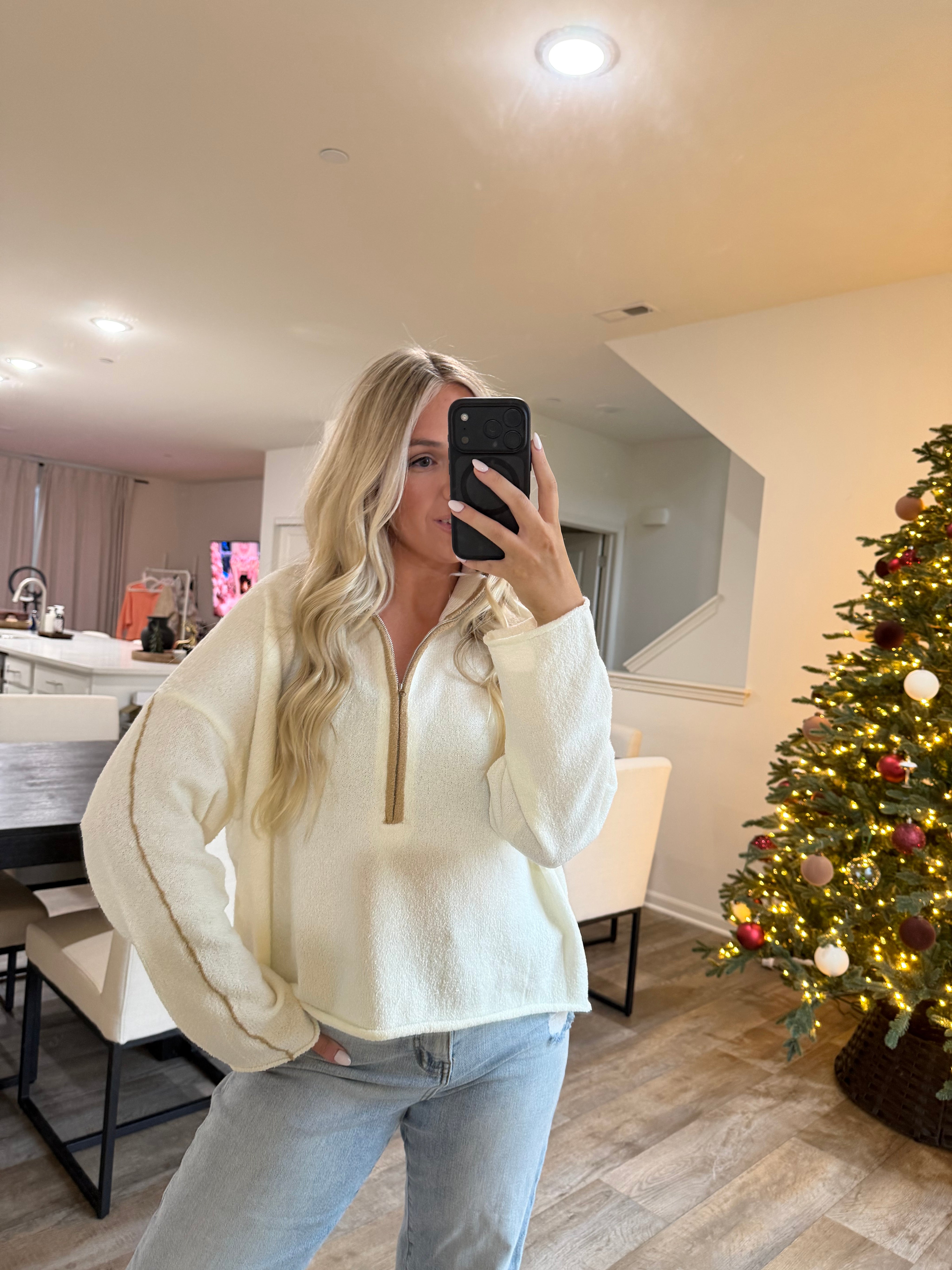 Stella Textured Knit Half Zip Mock Sweater - Cream