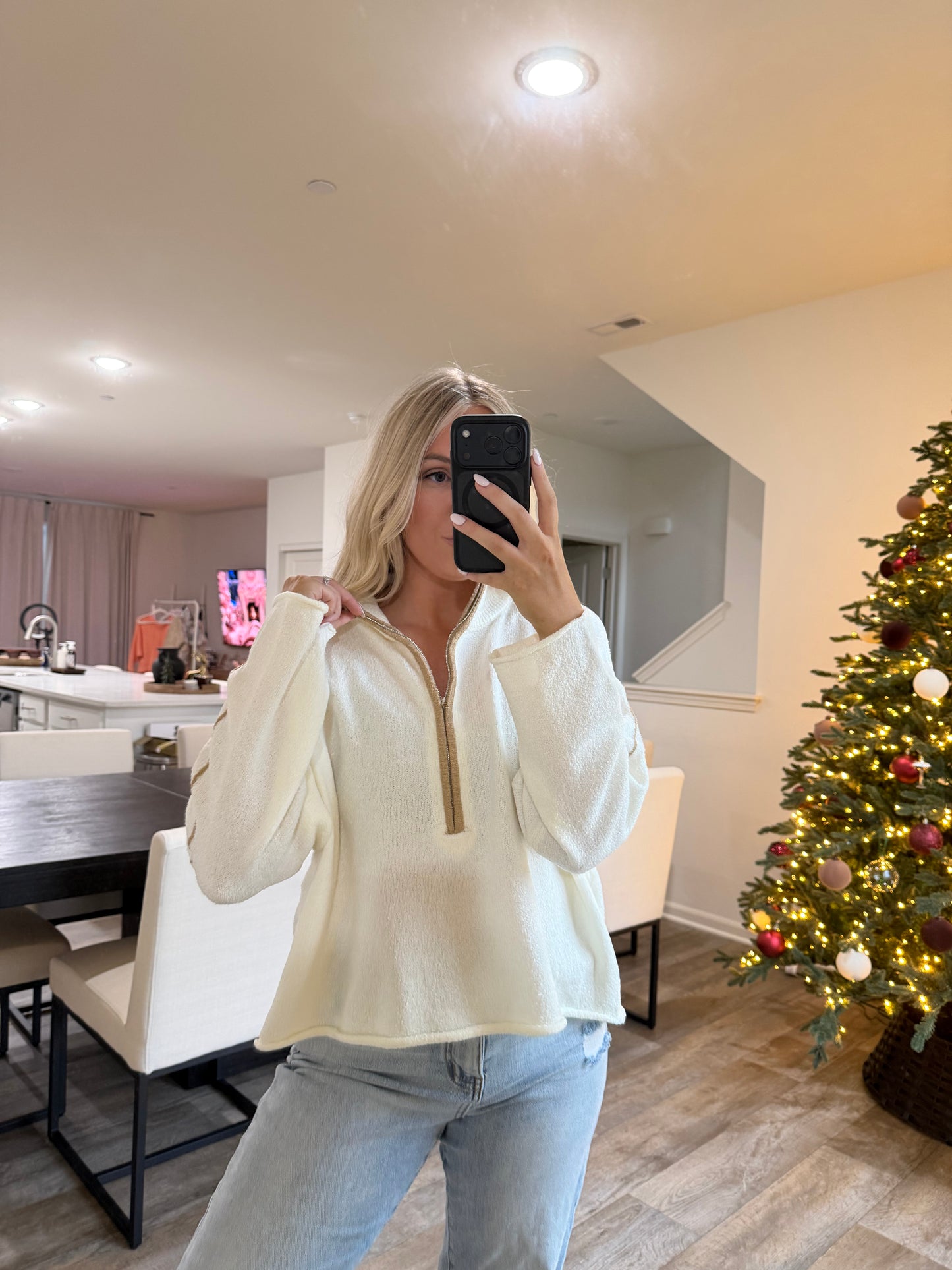 Stella Textured Knit Half Zip Mock Sweater - Cream