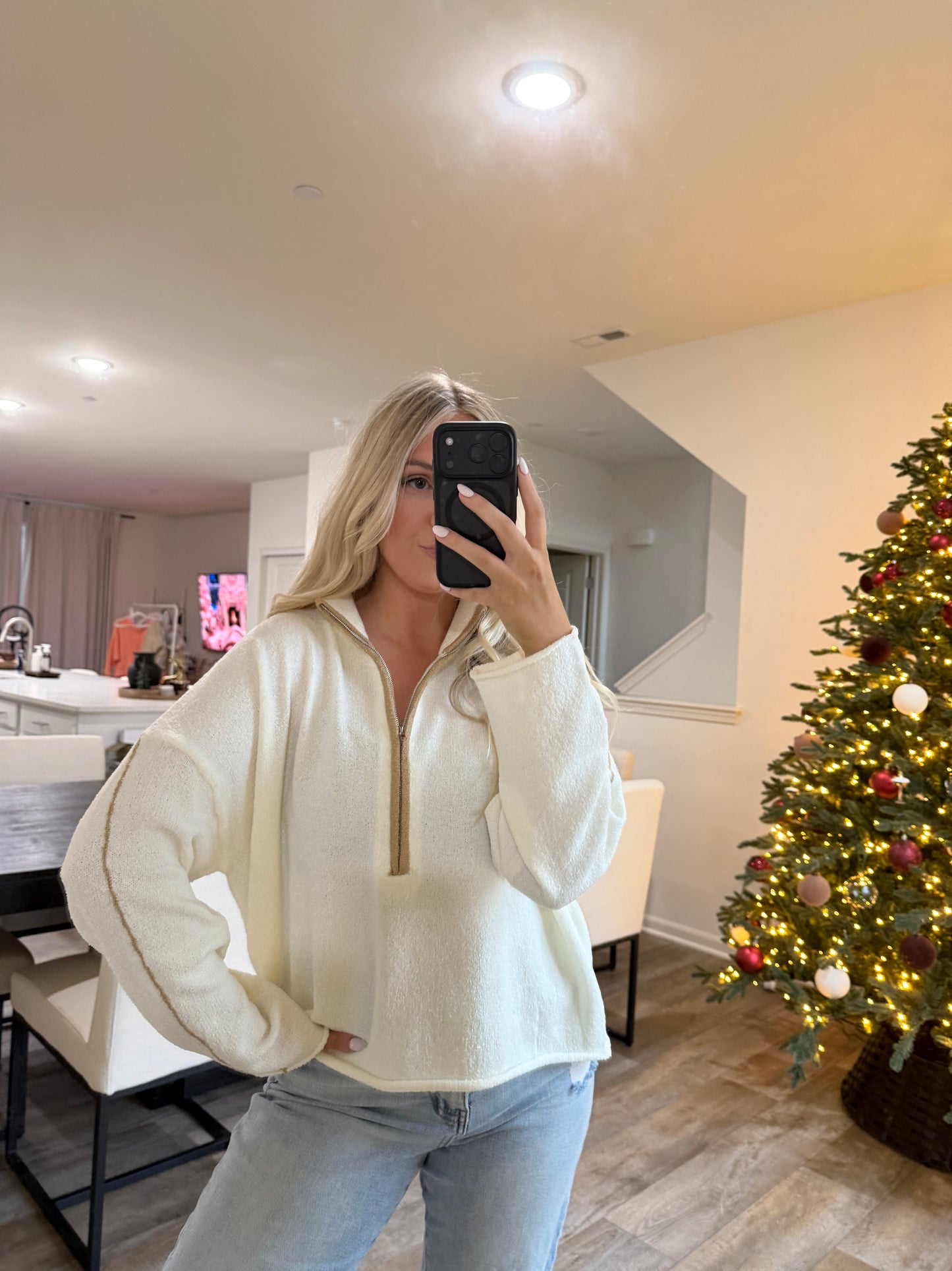 Stella Textured Knit Half Zip Mock Sweater - Cream