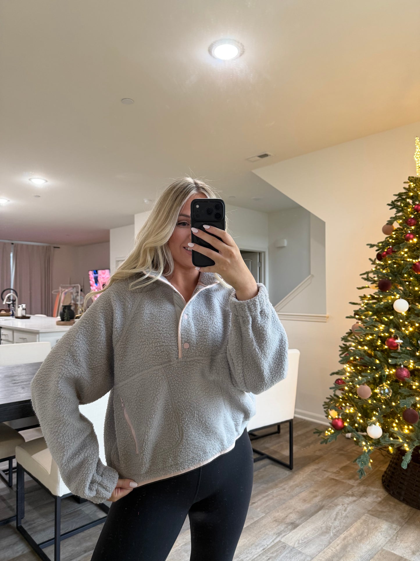 Halle Fleece Button Sweater- Gray/Lt Pink