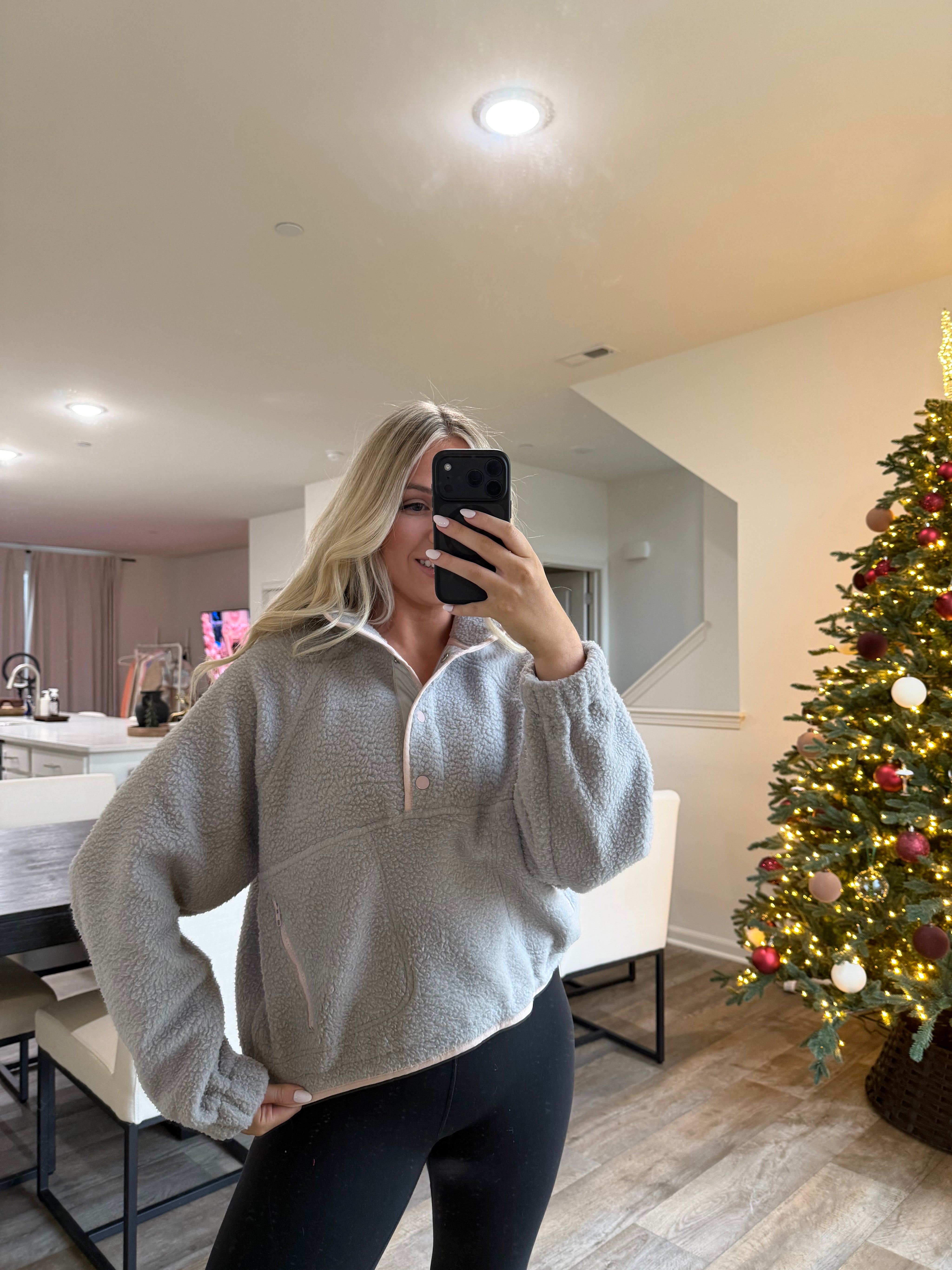 Halle Fleece Button Sweater- Gray/Lt Pink