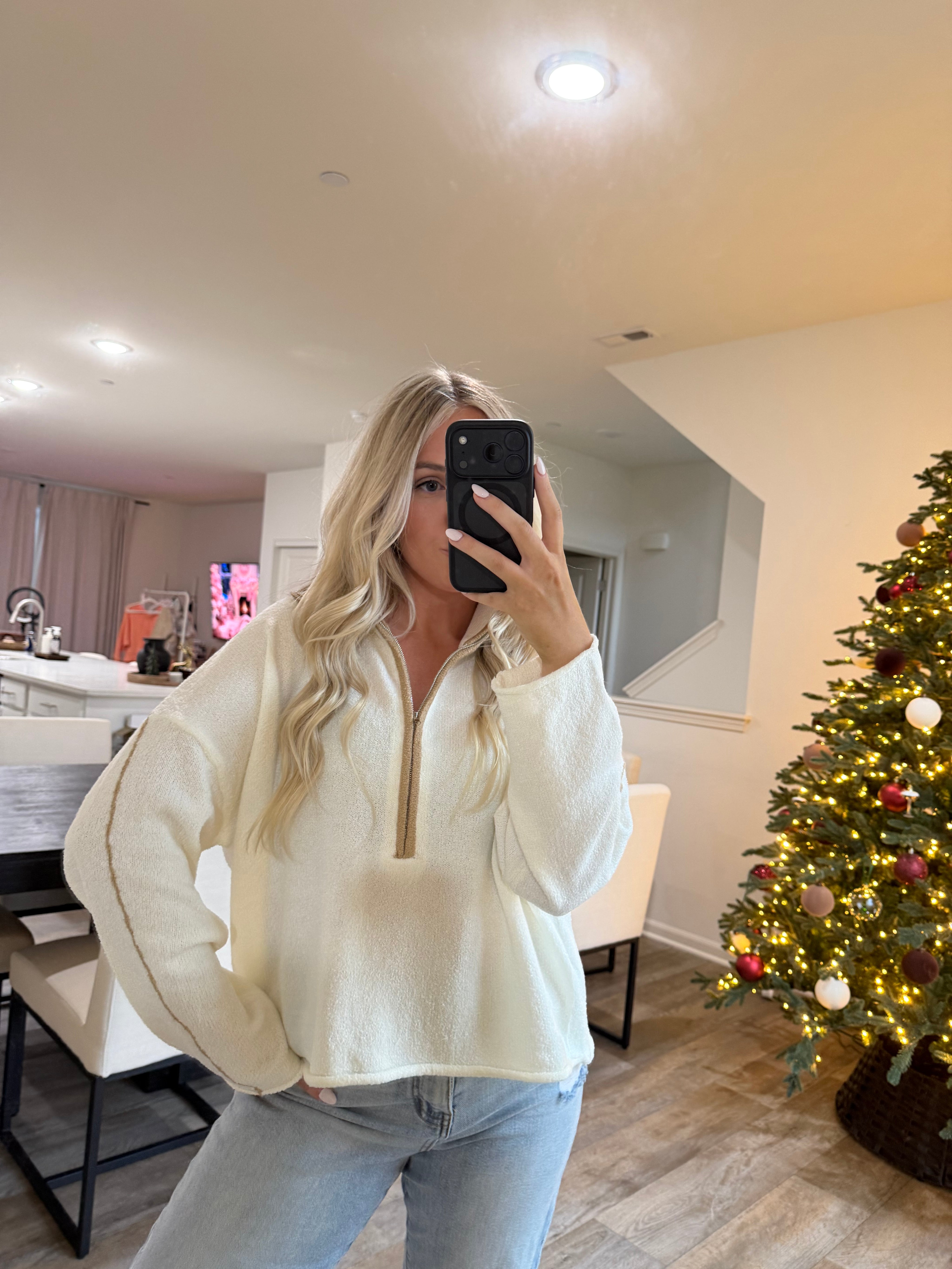 Stella Textured Knit Half Zip Mock Sweater - Cream