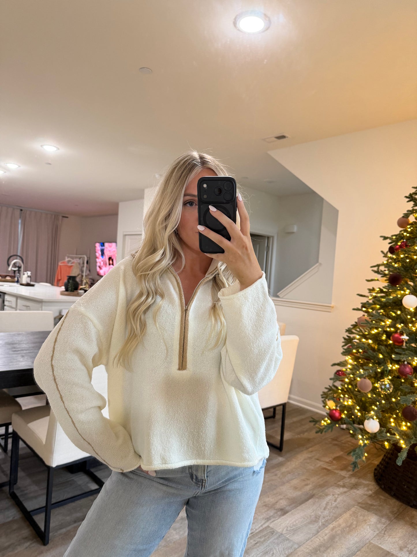 Stella Textured Knit Half Zip Mock Sweater - Cream