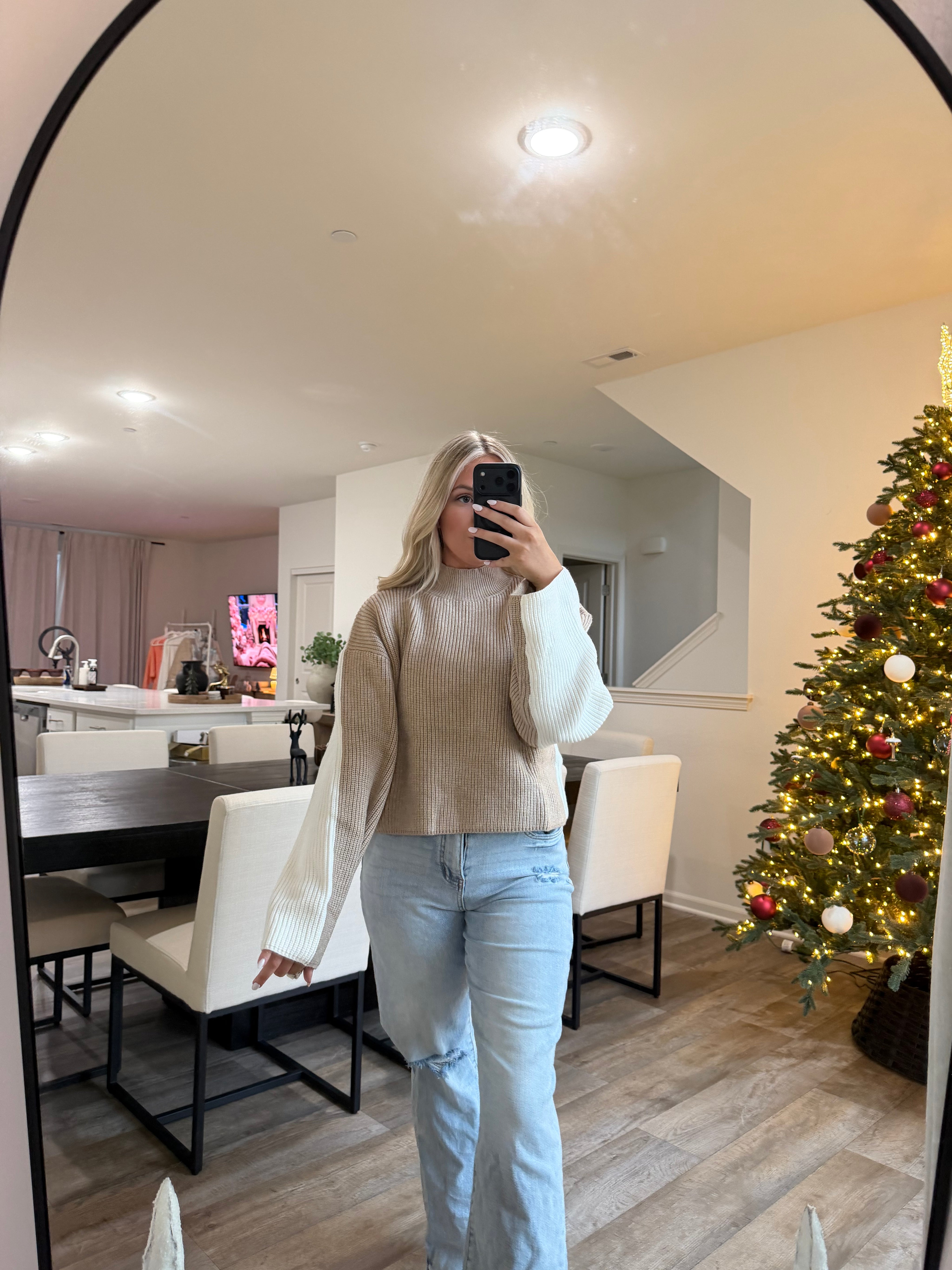 Carmen Mock Neck Two Tone Sweater-Taupe/Ivory