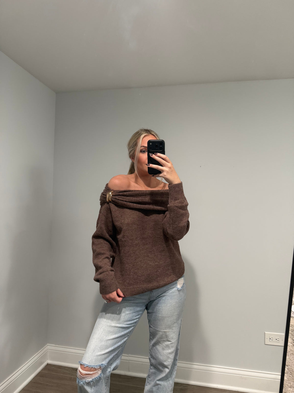 Emory Off the Shoulder Buckle Sweater - Brown