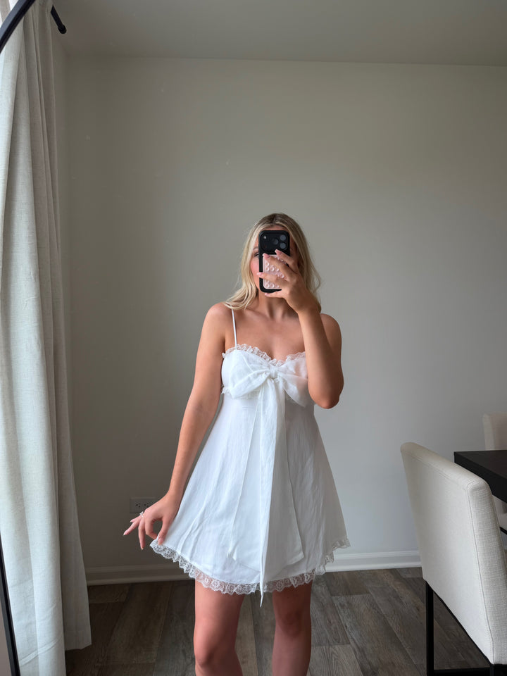 Aria Bow Lace Mini Dress - White
