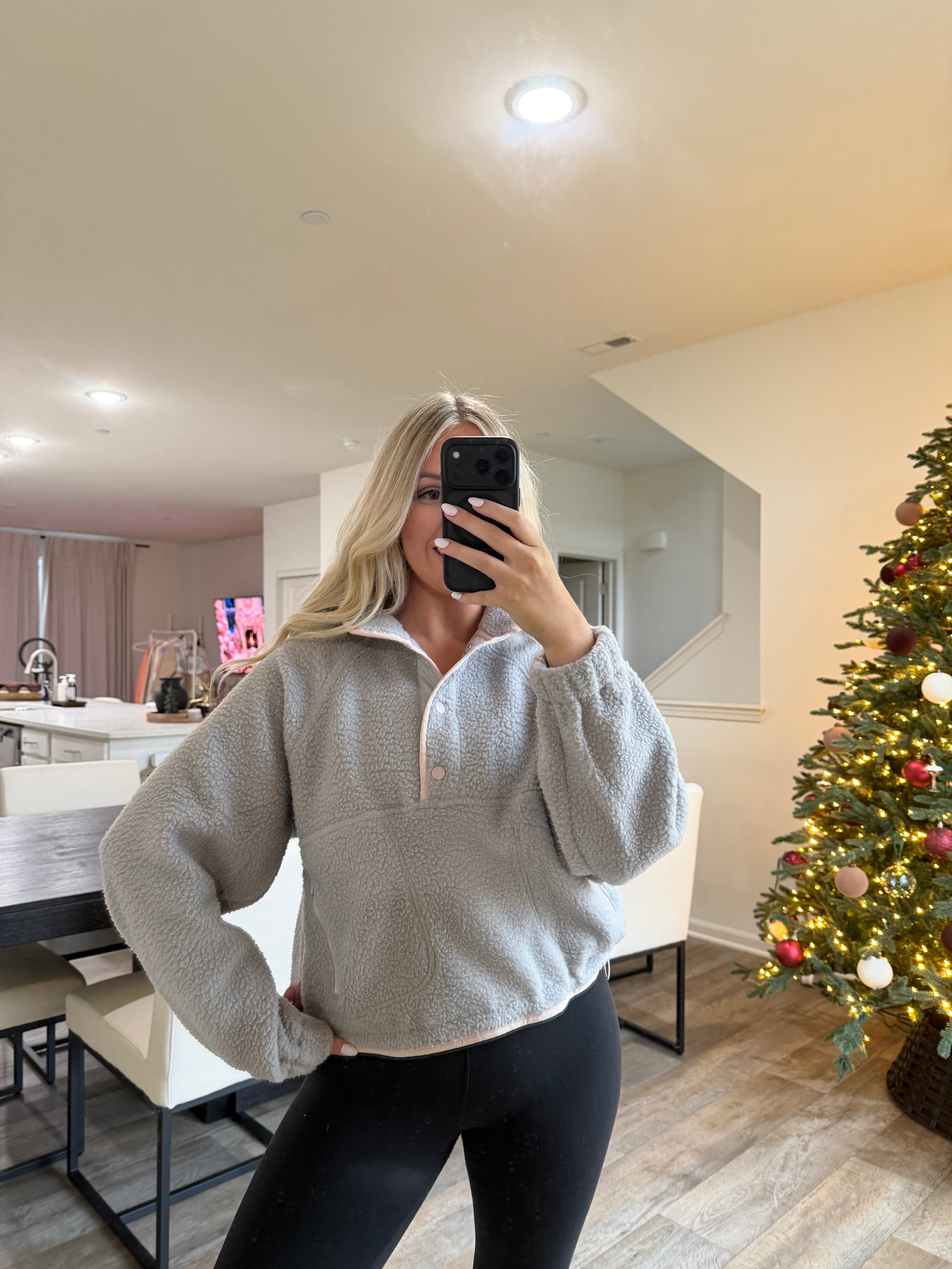 Halle Fleece Button Sweater- Gray/Lt Pink