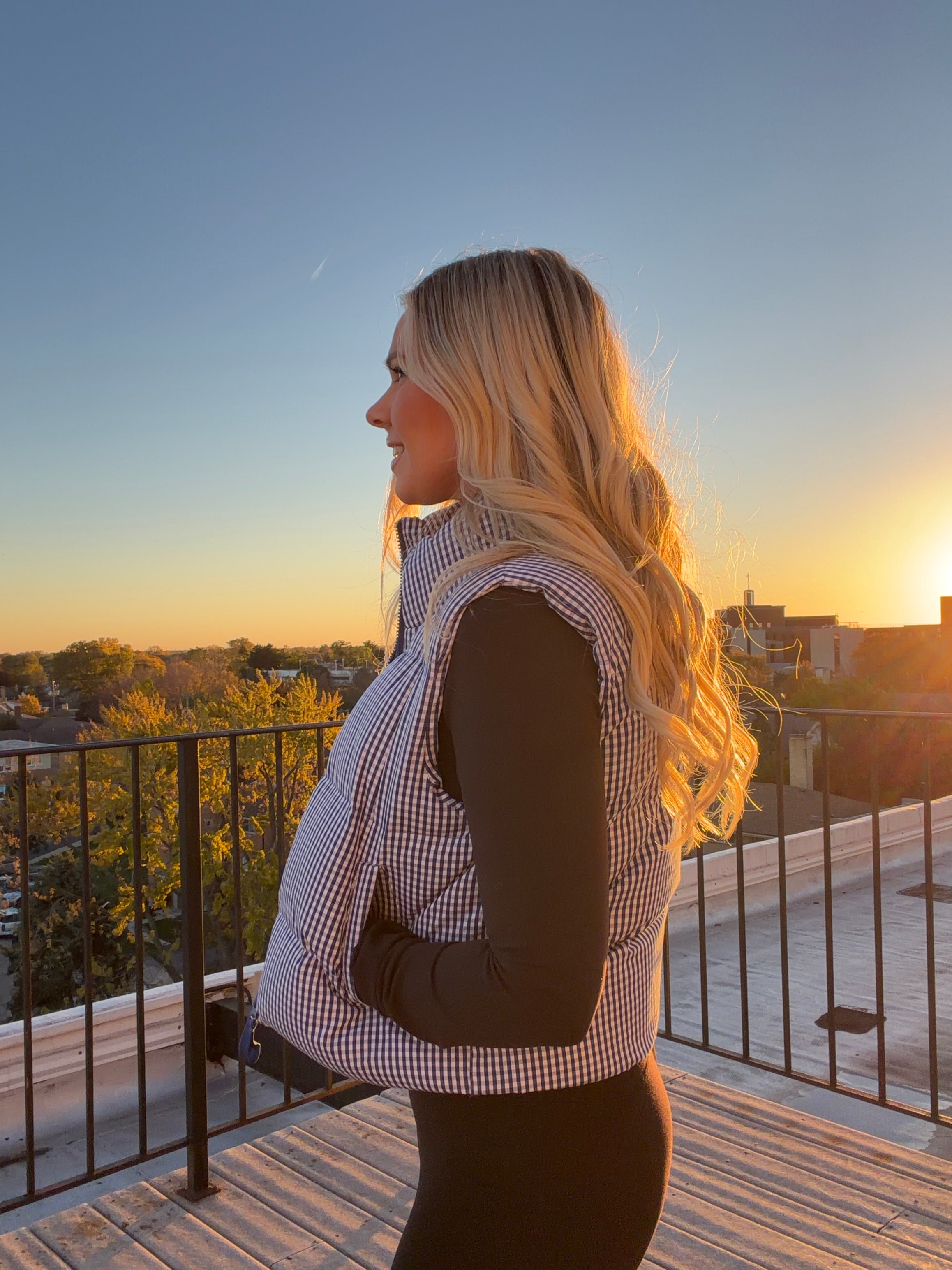 Gia Gingham Puffer Vest - Blue