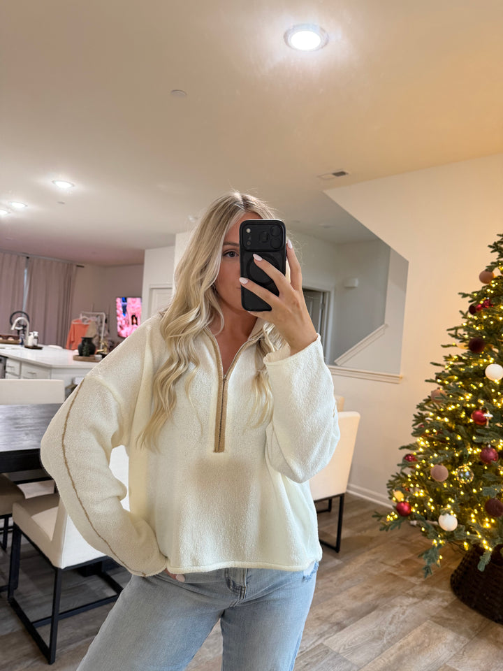Stella Textured Knit Half Zip Mock Sweater - Cream