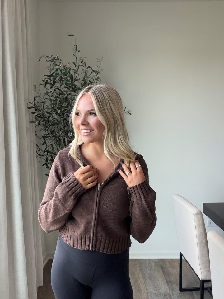 Greta Cropped Zip Up Hoodie - Brown