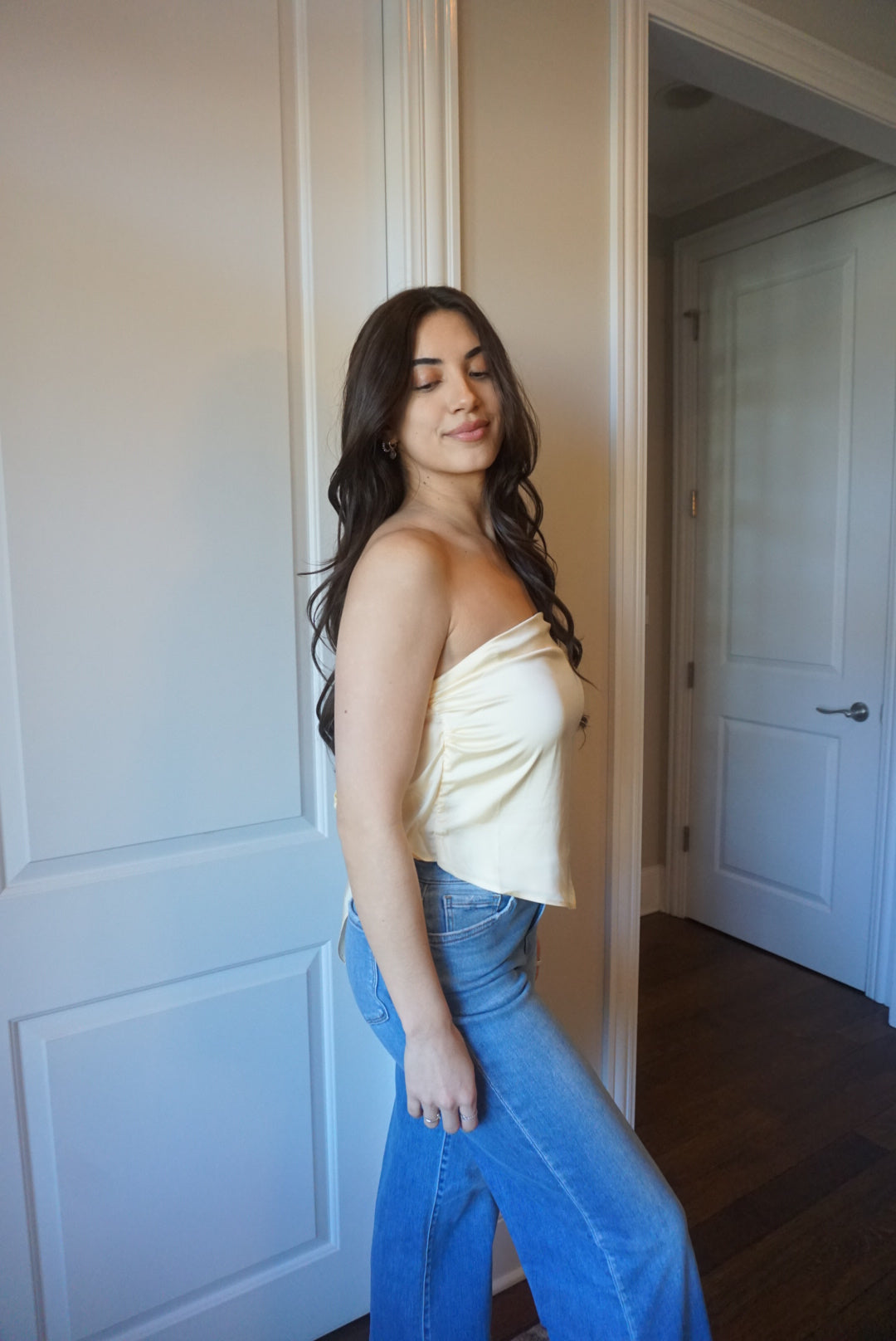 Zoe Butter Lemon Scarf Strapless Satin Top - Yellow