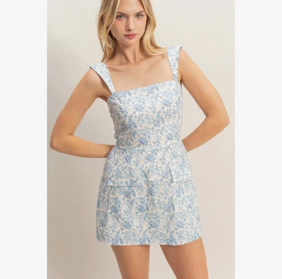 Bre Floral Square Neck Mini Romper Dress - Blue