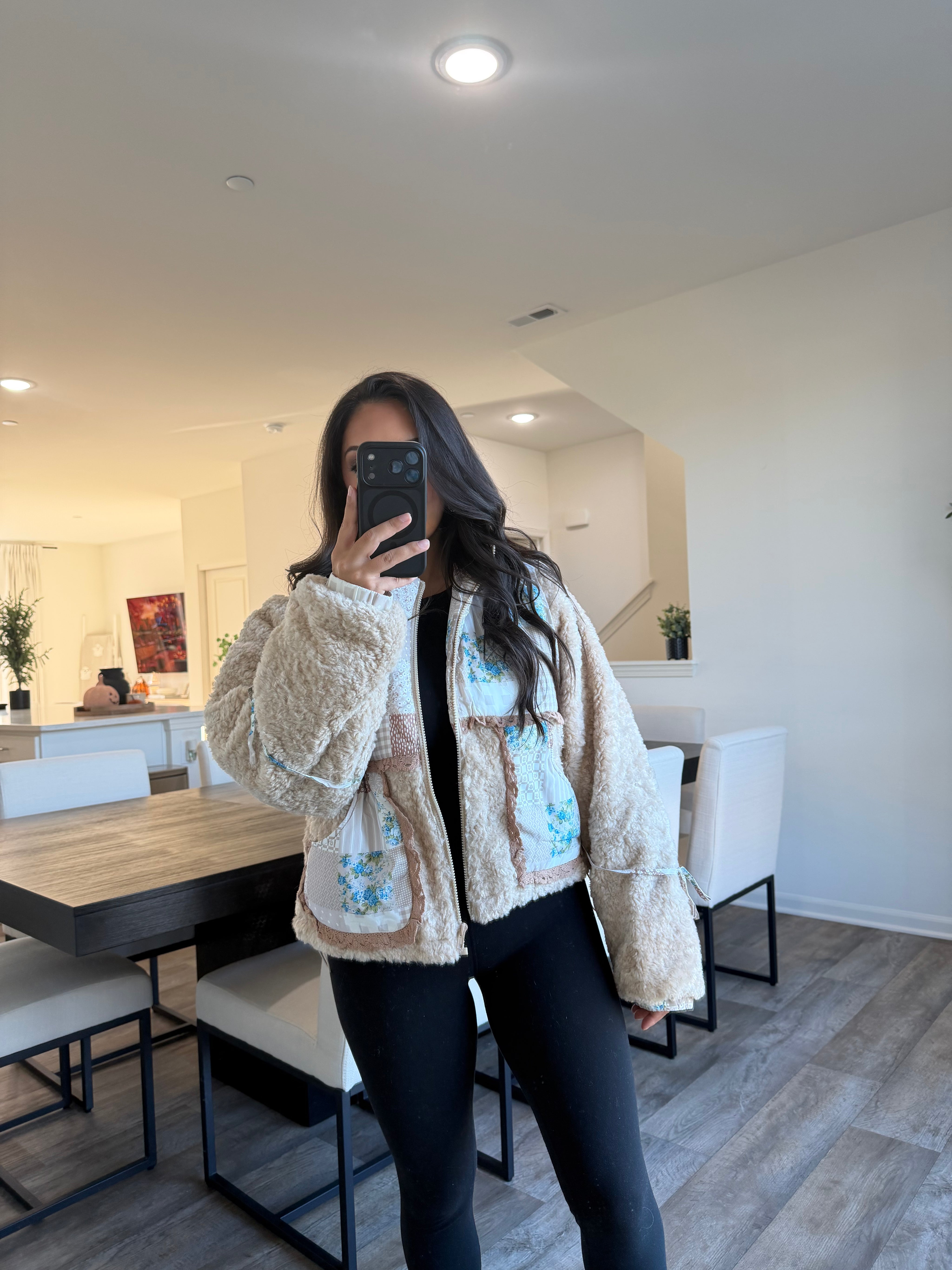 Chloe Print ColorBlock Patch Work Bow Sherpa Jacket - Taupe/Multi