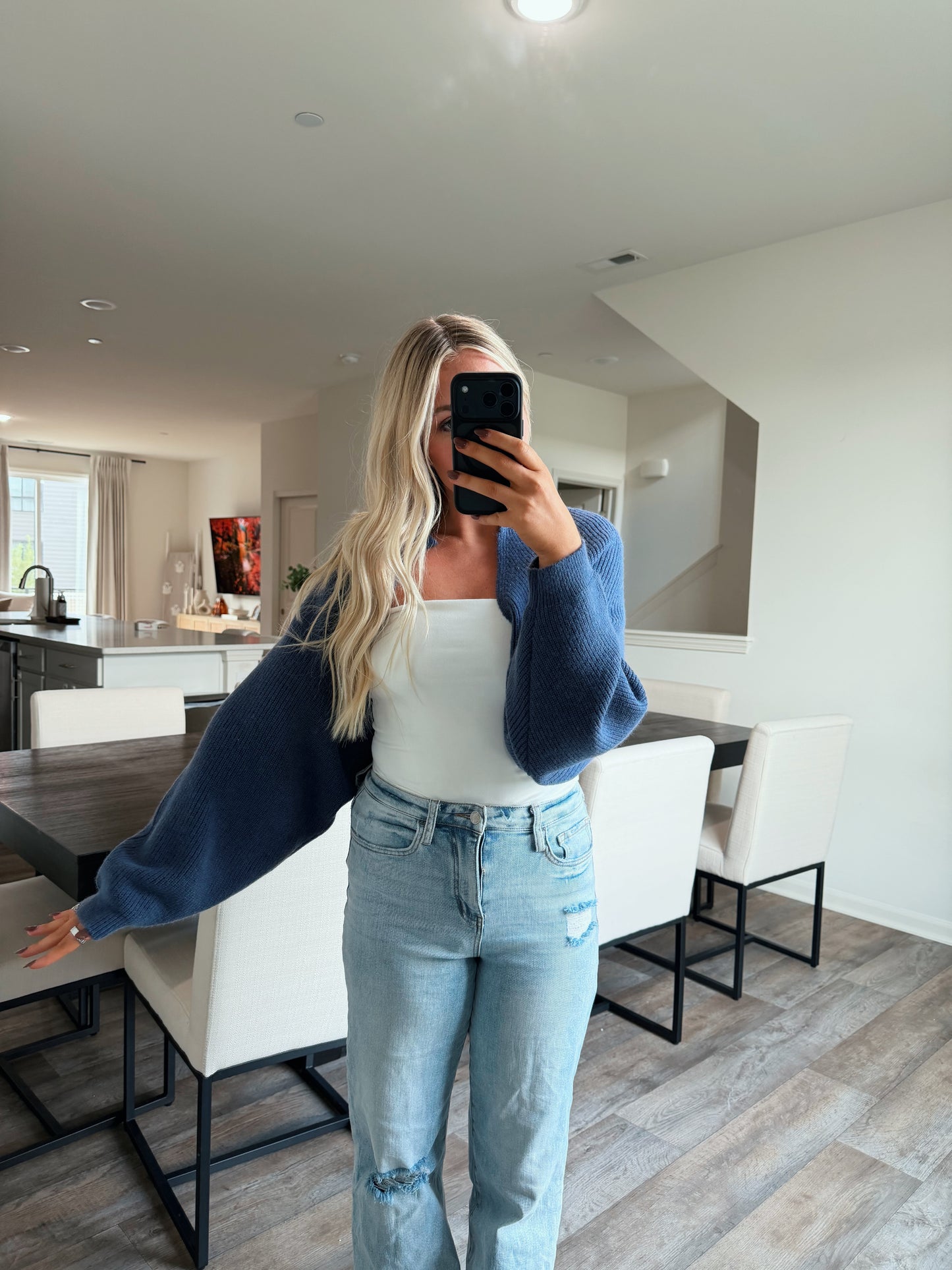 Nicole Ribbed Balloon Sleeve Bolero Cardigan - Navy
