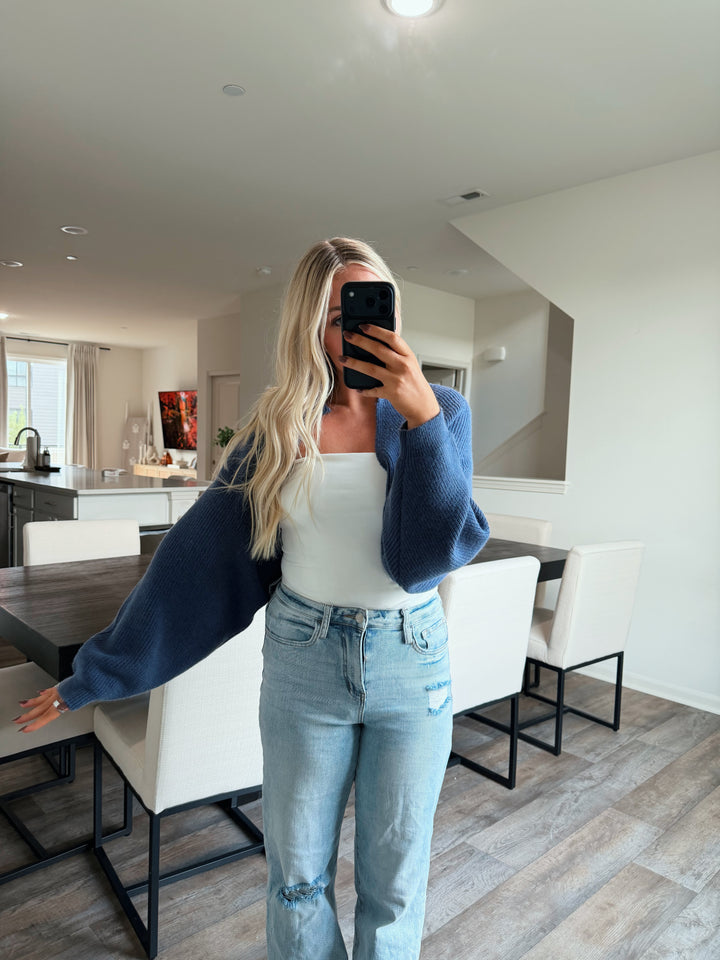 Nicole Ribbed Balloon Sleeve Bolero Cardigan - Navy