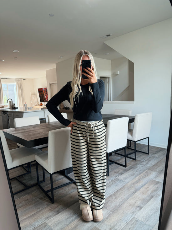 Kate Striped Knit Drawstring Lounge Pants - Taupe/Black