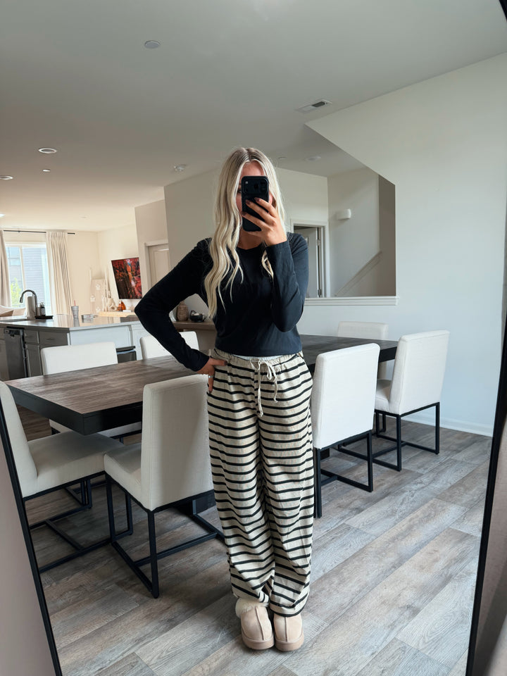Kate Striped Knit Drawstring Lounge Pants - Taupe/Black