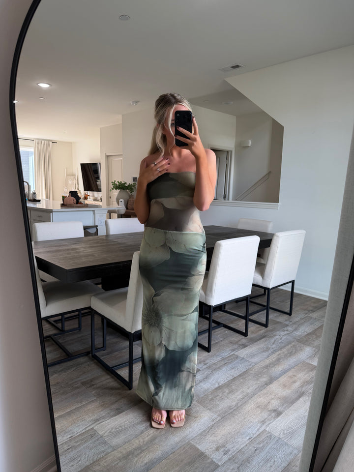 Deb Green Mesh Tube Floral Maxi Strapless Dress - Green Olive Mesh