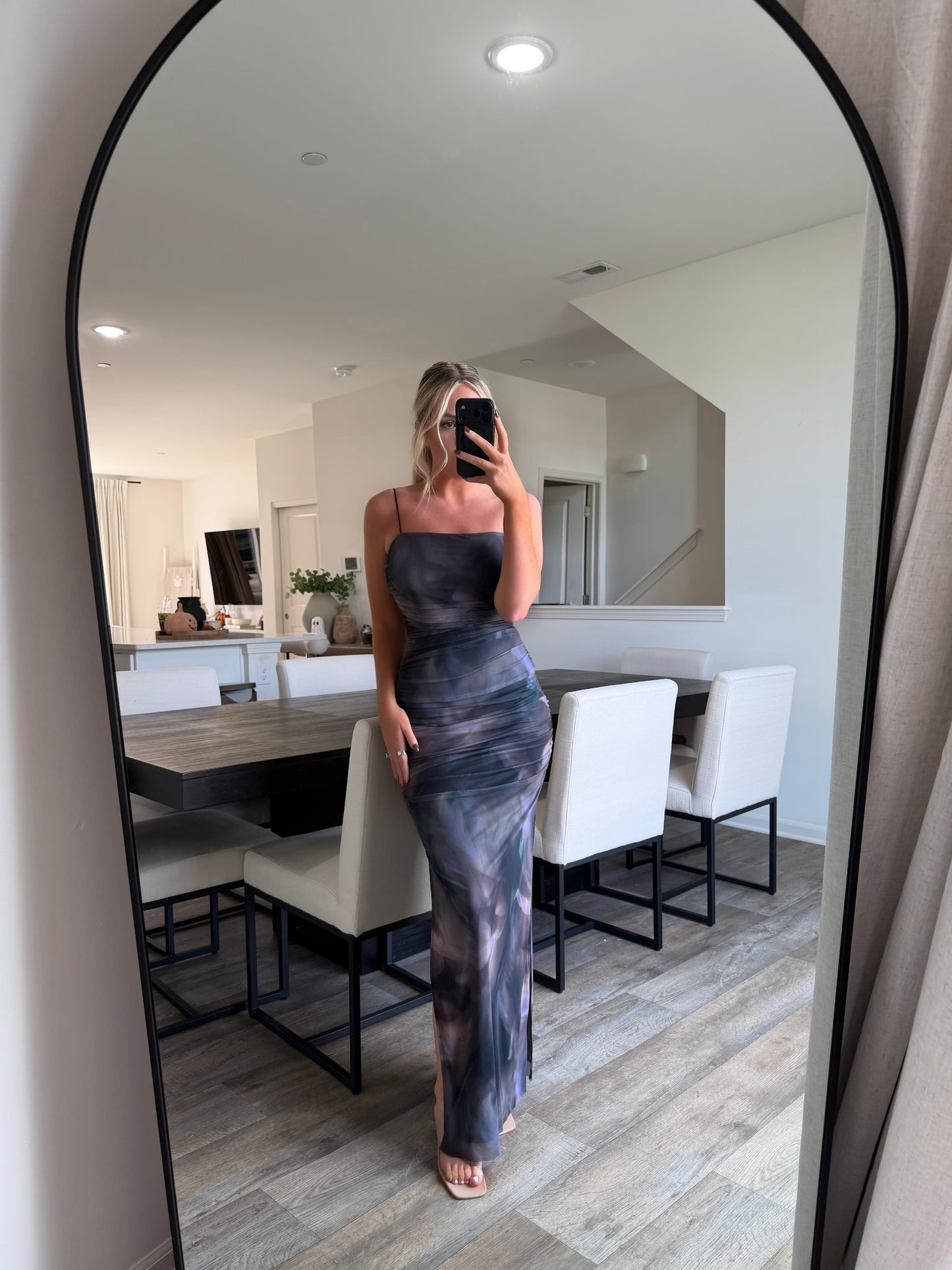 Sophia Mesh Ruching Maxi Dress -Black/Multi Colored