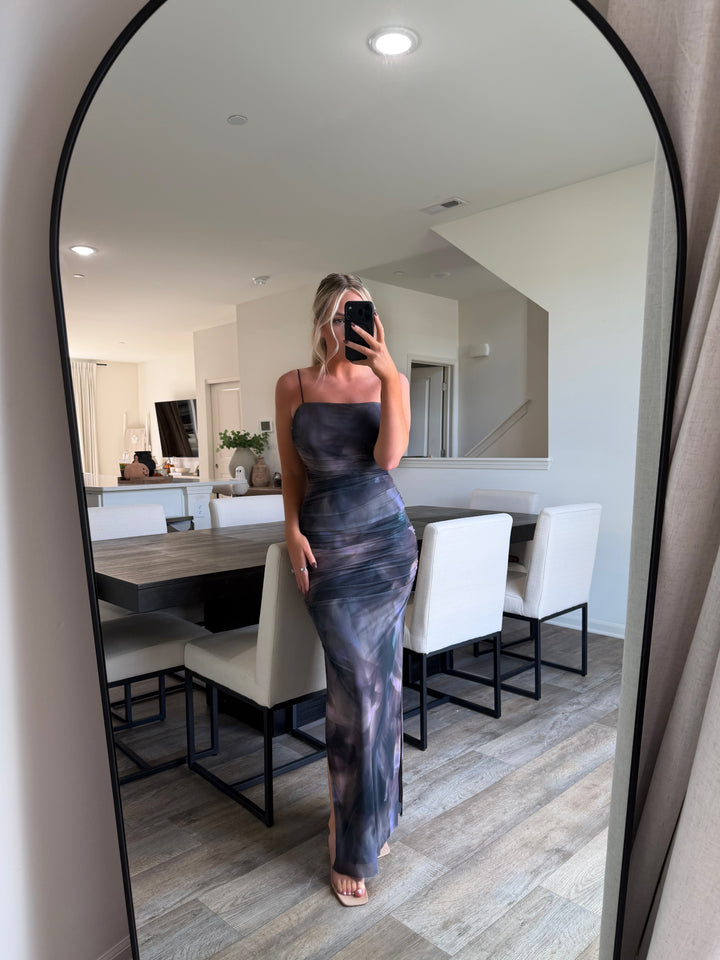 Sophia Mesh Ruching Maxi Dress -Black/Multi Colored