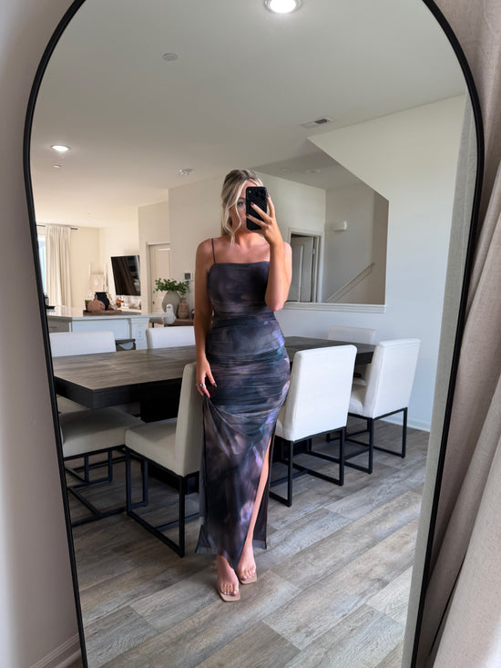 Sophia Mesh Ruching Maxi Dress -Black/Multi Colored