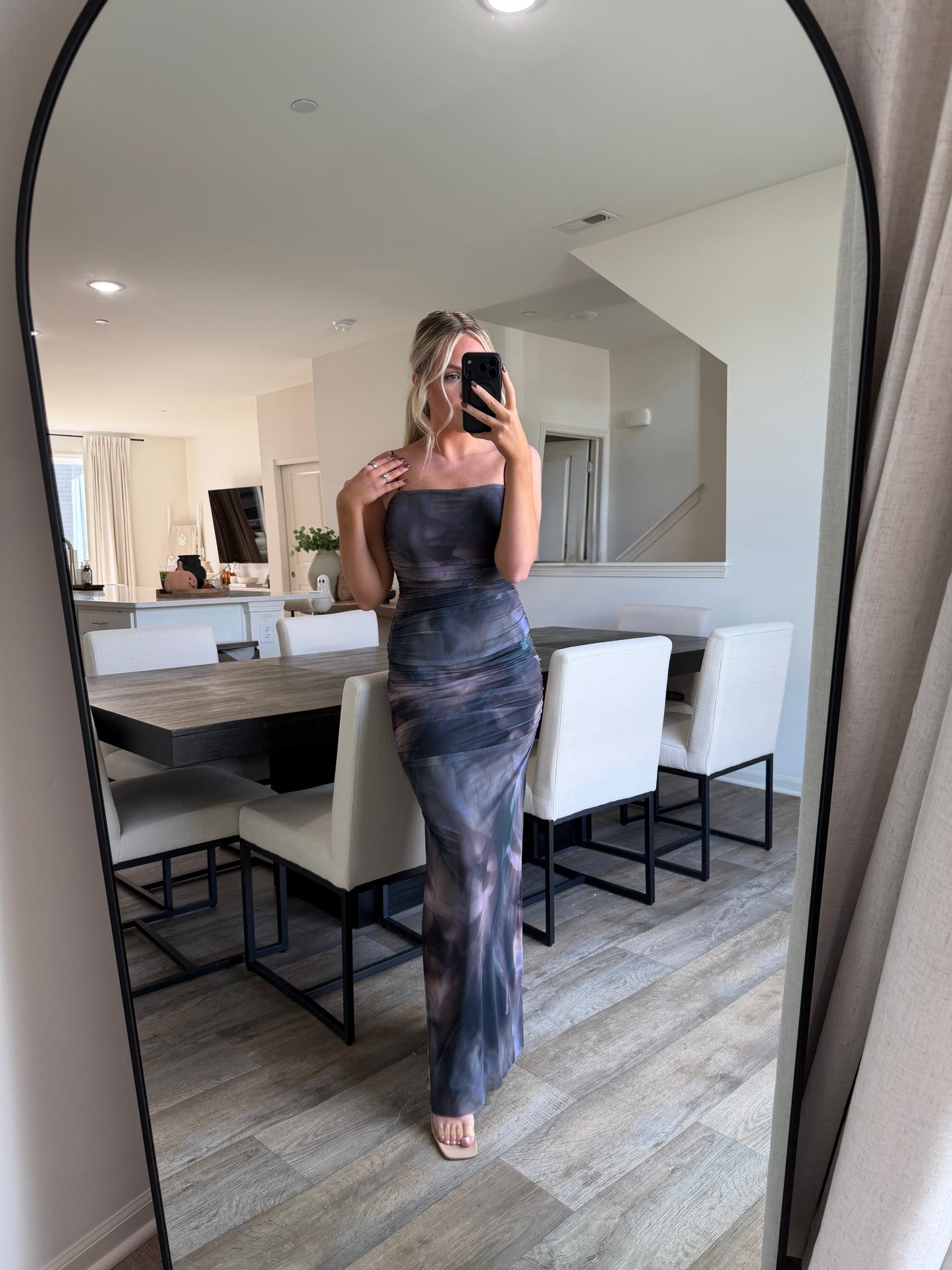 Sophia Mesh Ruching Maxi Dress -Black/Multi Colored