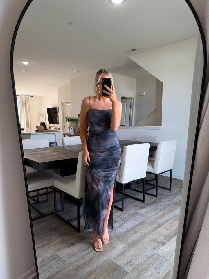 Sophia Mesh Ruching Maxi Dress -Black/Multi Colored