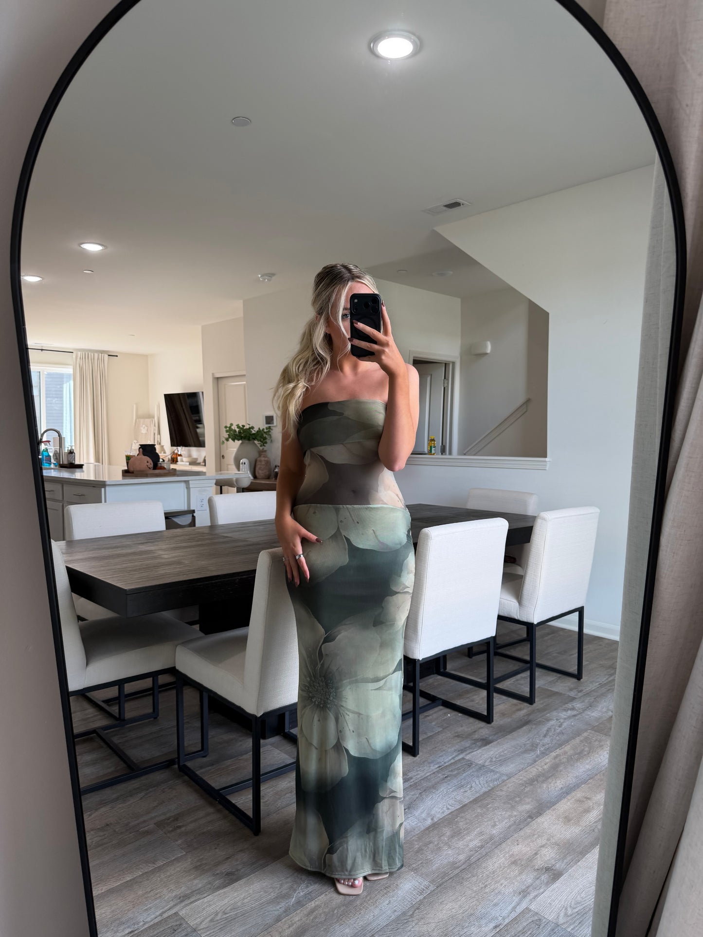 Deb Green Mesh Tube Floral Maxi Strapless Dress - Green Olive Mesh