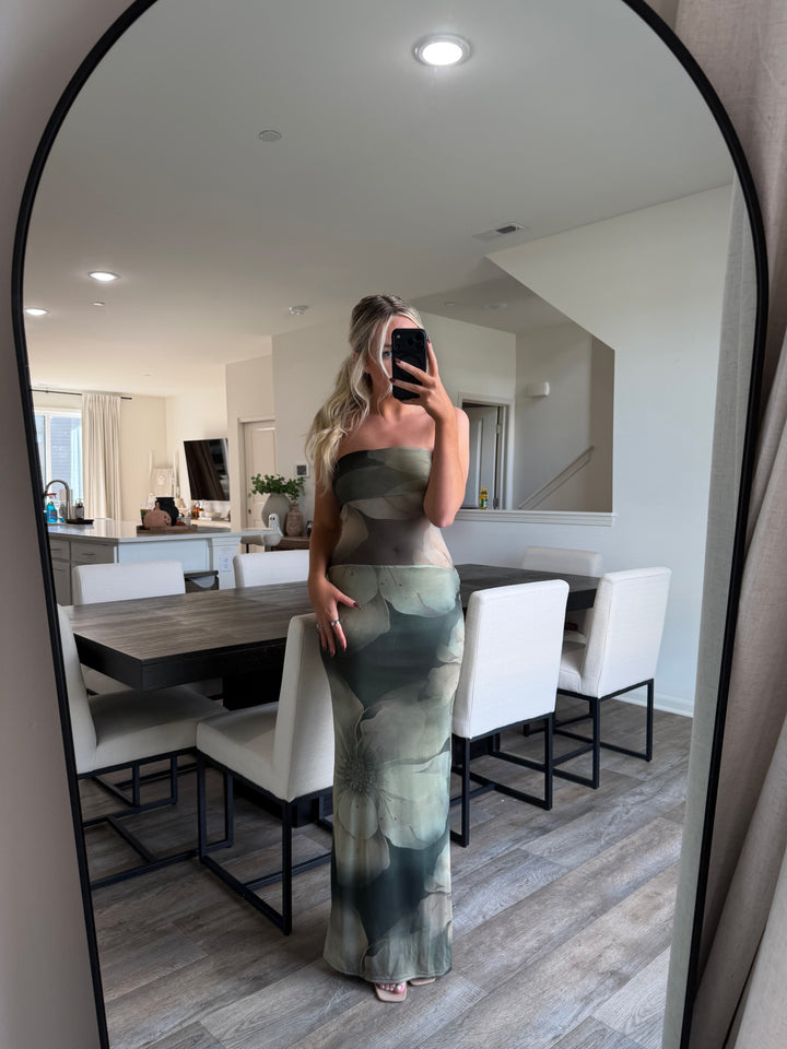 Deb Green Mesh Tube Floral Maxi Strapless Dress - Green Olive Mesh