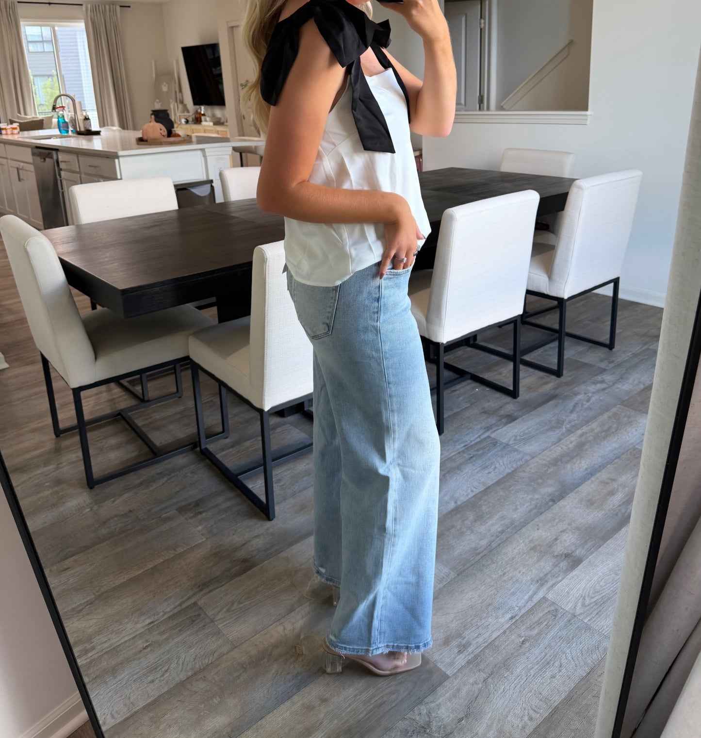 Donna Bow Strap Blouse - Ivory/Black