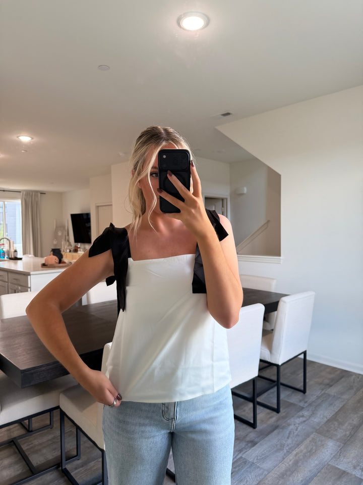 Donna Bow Strap Blouse - Ivory/Black