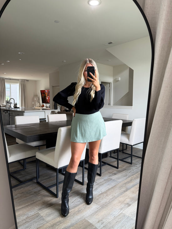 Nina Ribbed Elastic Mini Skort - Sage Green