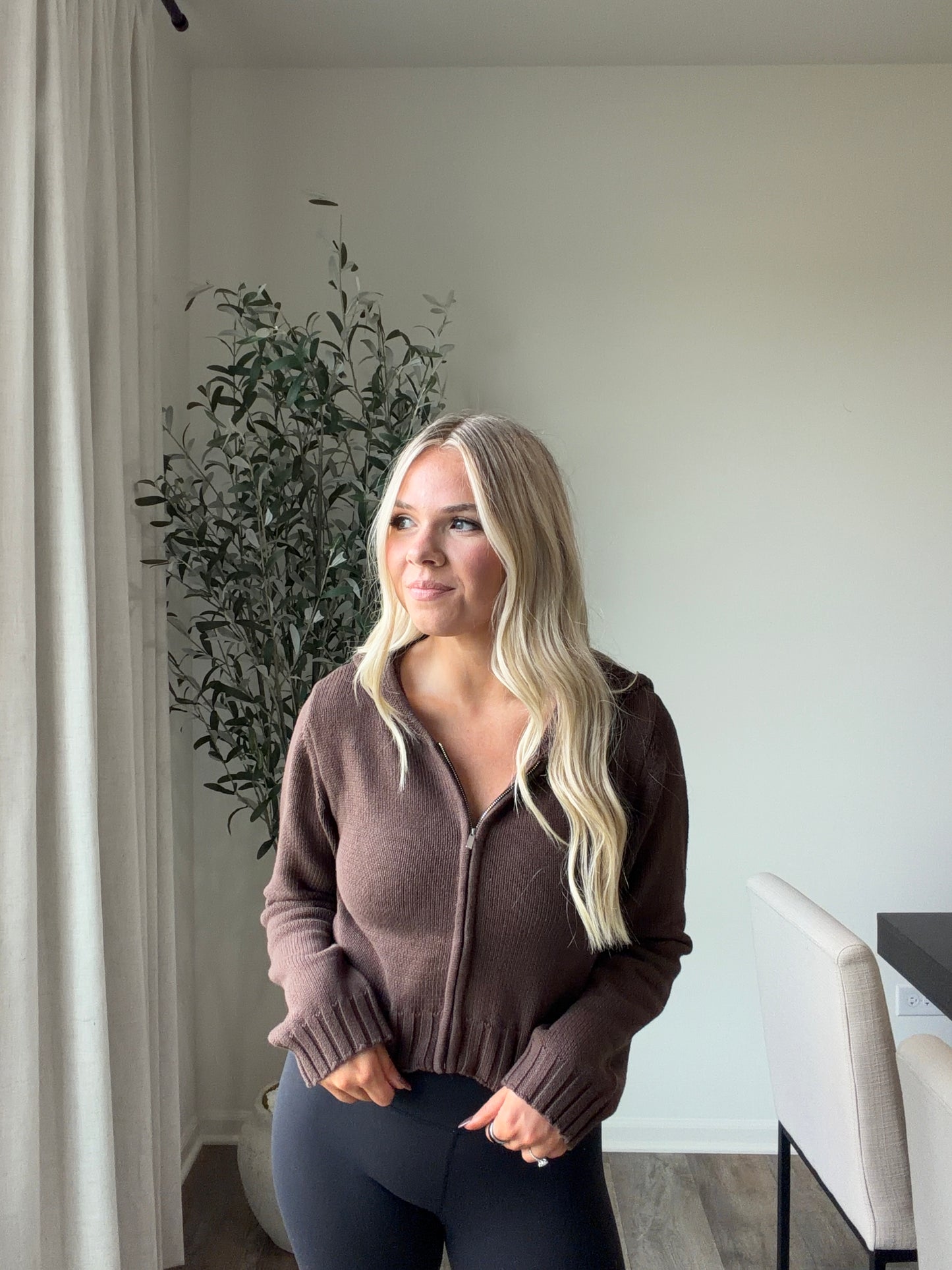 Greta Cropped Zip Up Hoodie - Brown