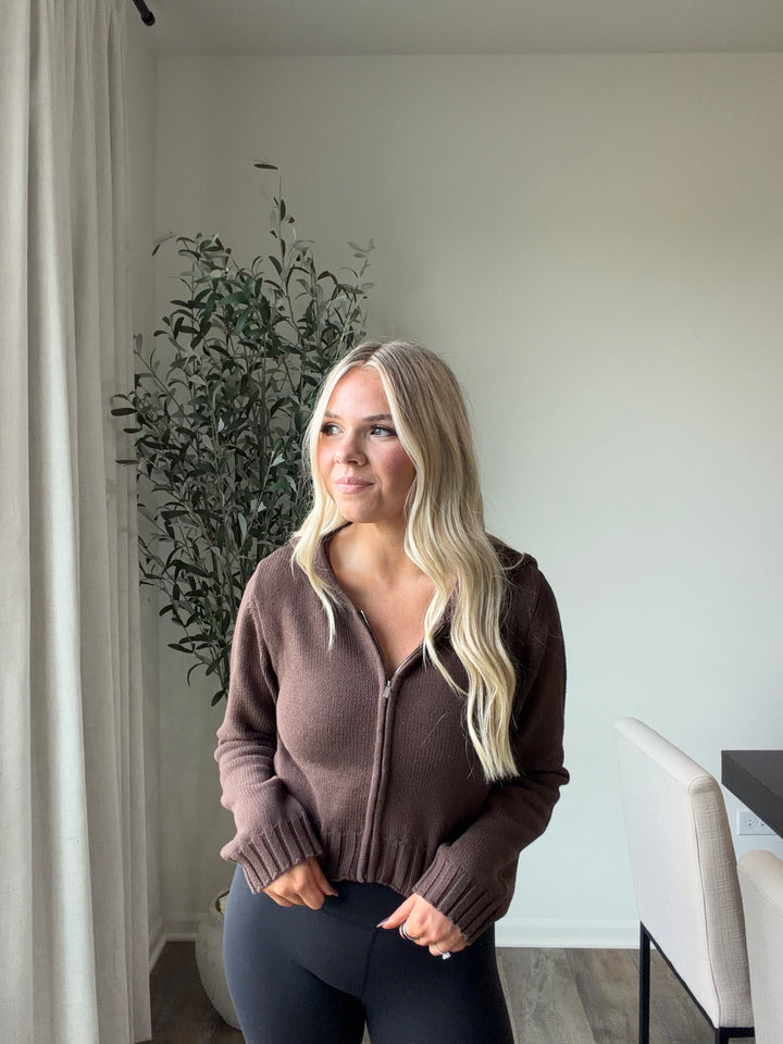 Greta Cropped Zip Up Hoodie - Brown